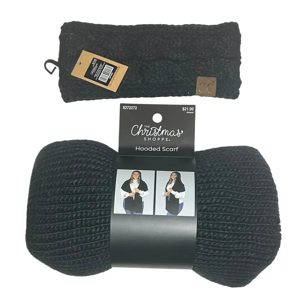 New Women's Black Cable Knit C.C Head Wrap & Hooded Knit Scarf Bundle